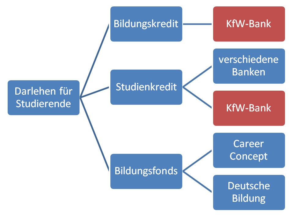 Das Schaubild zeigt die Möglichkeiten für Darlehen für Studierende nähmlich Bildungskredit, denn man von der KfW-Bank bekommt, Studienkredit, denn man sowohl von der KfW-Bank als auch von anderen Banken bekommt.  Und Bildungsfonds von der Deutsche Bildung oder Career Concept.